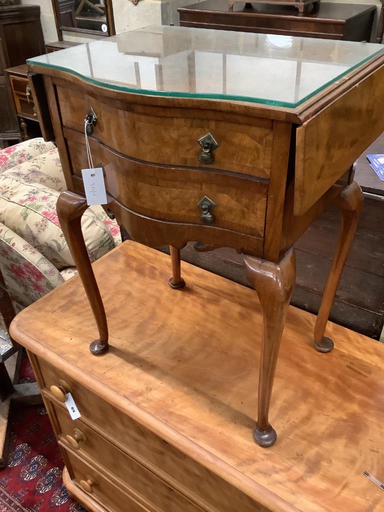 A Queen Anne Revival drop leaf serpentine side table, width 51cm depth 37cm height 70cm